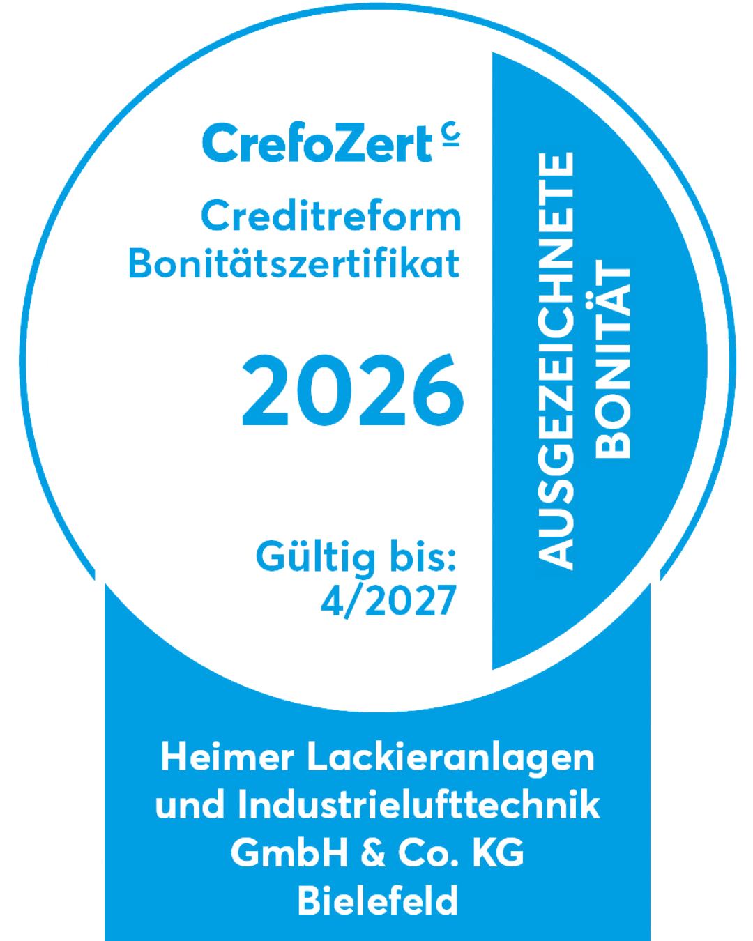 Branding Heimer Lackieranlagen und Industrielufttechnik GmbH Co KG CreFo - Lackieranlagen | Pulverbeschichtungsanlagen | Vorbehandlungsanlagen Rundes Auszeichnungs-Badge: Bonitätzertifikat 2026, gültig bis 4/2027, von Heimer Lackieranlagen und Industrietechnik GmbH & Co. KG, Bielefeld