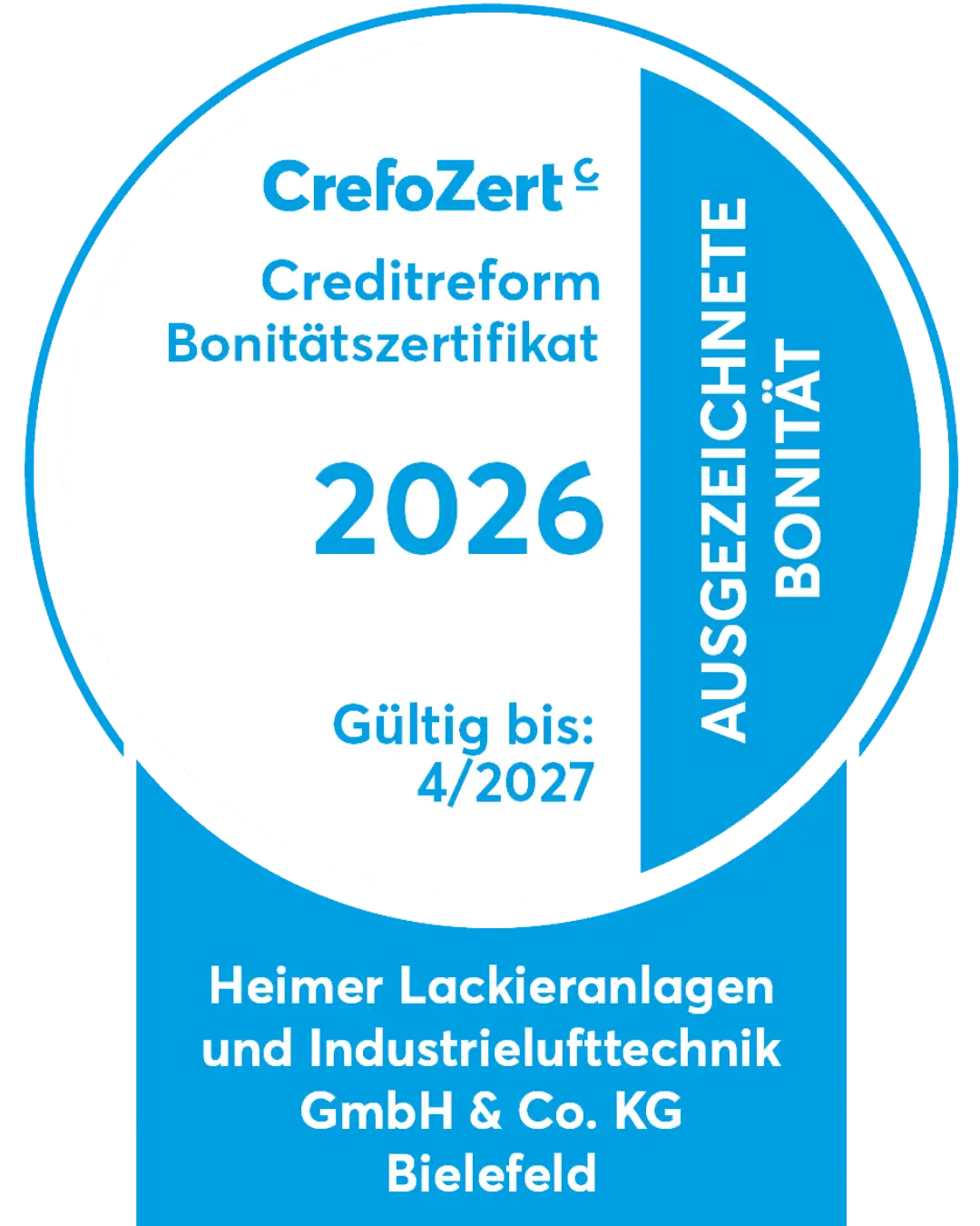 Branding--Heimer-Lackieranlagen-und-Industrielufttechnik-GmbH-_-Co-KG--CreFo 1 - Lackieranlagen | Pulverbeschichtungsanlagen | Vorbehandlungsanlagen - Lackieranlagen | Pulverbeschichtungsanlagen | Vorbehandlungsanlagen Ausgezeichnete Bonität 2026-Badge für Heimer Lackieranlagen und Industrietechnik, Bielefeld; gültig bis 4/2027