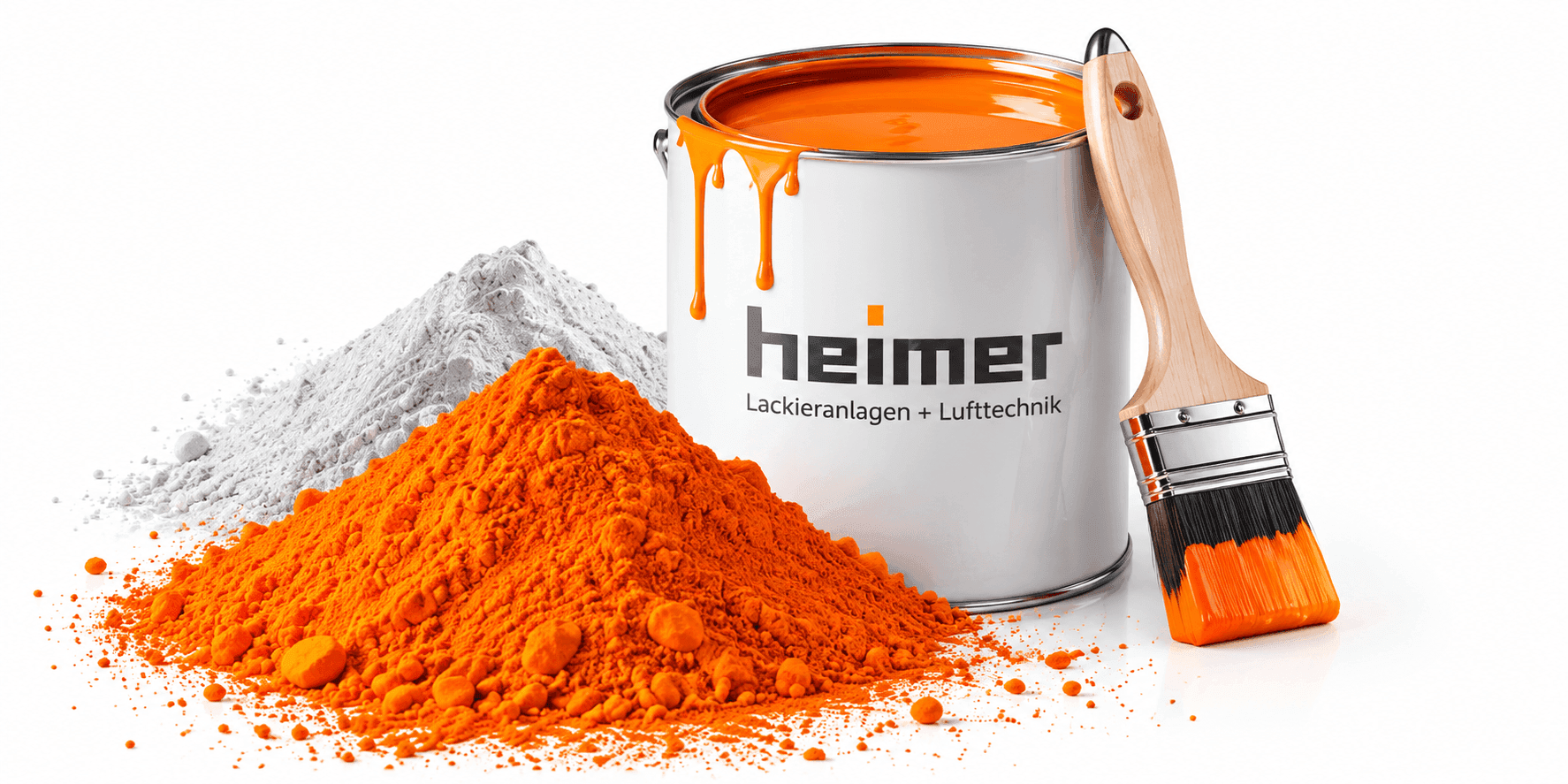 White paint can with orange paint dripping over the rim, beside orange pigment piles and a wooden-handled brush; brand 'heimer' visible on the can.