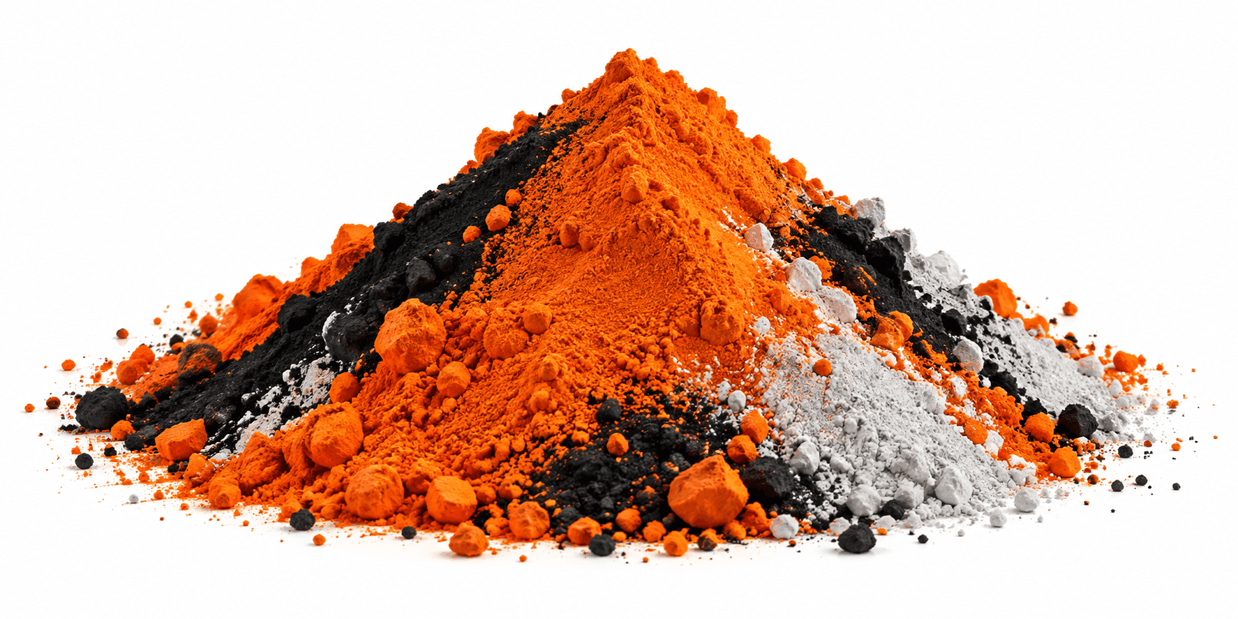 Pile of bright orange pigment powder with black and white powders scattered around on a white background (informative, color-focused image).